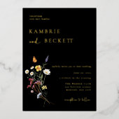 Wild Meadow Floral Wedding Black Folie Uitnodiging (Voorkant)