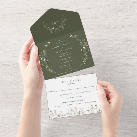 Wild Meadow Floral Wedding Olive Green All In One Uitnodiging (Afscheurbaar)