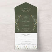 Wild Meadow Floral Wedding Olive Green All In One Uitnodiging (Binnen)