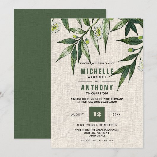 Wild Meadow | Greenery Botanical Burlap Wedding Kaart (Voorkant / Achterkant)