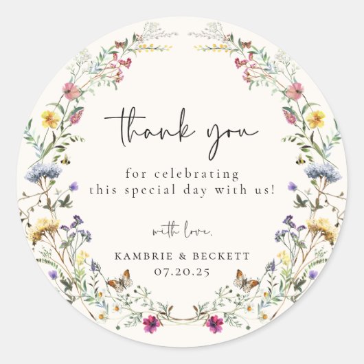 Wild Meadow krans bruiloft dank u Ronde Sticker (Voorkant)