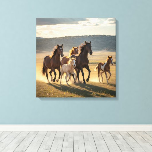 Wild Meadow Run – Majestic Horse Herd with Foals Canvas Afdruk (Insitu (Houten vloer))