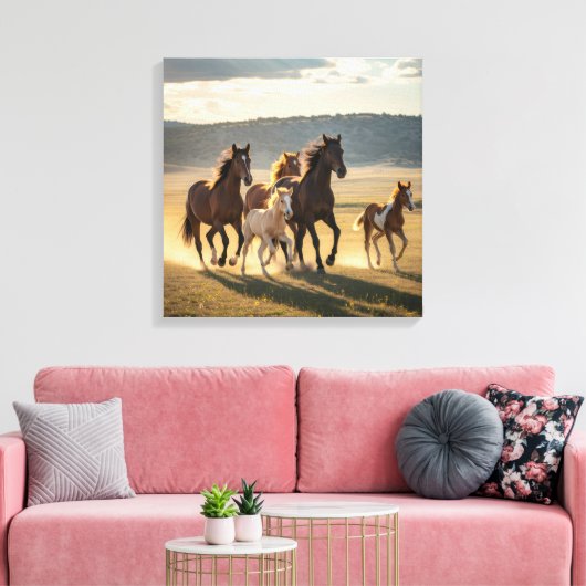 Wild Meadow Run – Majestic Horse Herd with Foals Canvas Afdruk (Insitu (Woonkamer))
