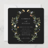 Wild Meadow Wreath Black Wedding Kaart (Voorkant)
