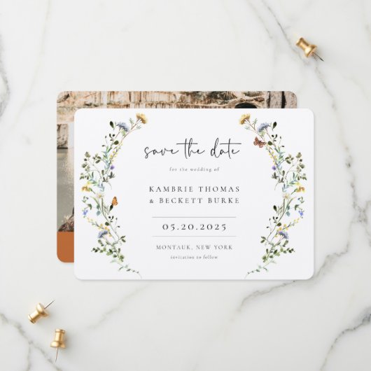 Wild Meadow Wreath Floral Foto Save The Date (Voorkant / Achterkant in situ)