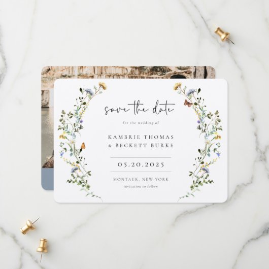 Wild Meadow Wreath Floral Foto Save The Date (Voorkant / Achterkant in situ)