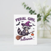 Wild meisje Halloween Griezeldonker Wasbeerverkled Feestdagenkaart (Staand voorkant)