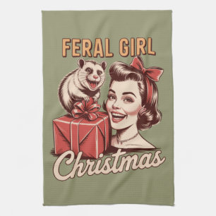 Wild meisje kerst opossum Xmas rommelig retro Theedoek
