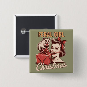 Wild Meisje Kerst Opossum Xmas Rommelig Retro Vierkante Button 5,1 Cm