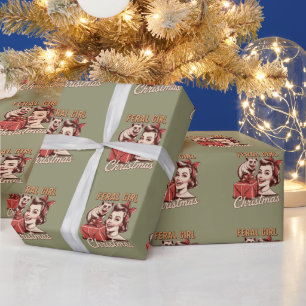 Wild meisje Kerstmis Opossum Kerstmis Rommel Retro Cadeaupapier