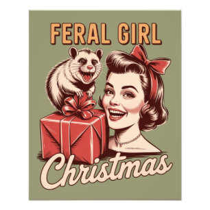 Wild meisje Kerstmis Opossum Kerstmis Rommel Retro Foto Afdruk