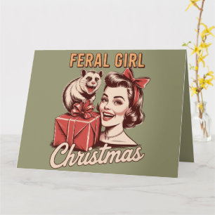 Wild meisje Kerstmis Opossum Kerstmis Rommel Retro Kaart