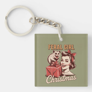 Wild meisje Kerstmis Opossum Kerstmis Rommel Retro Sleutelhanger