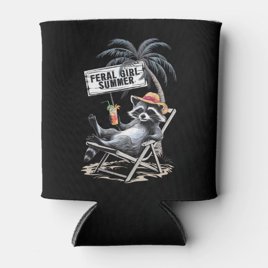 wild meisje zomer strand grappige wasbeer blikjeskoeler (Voorkant)