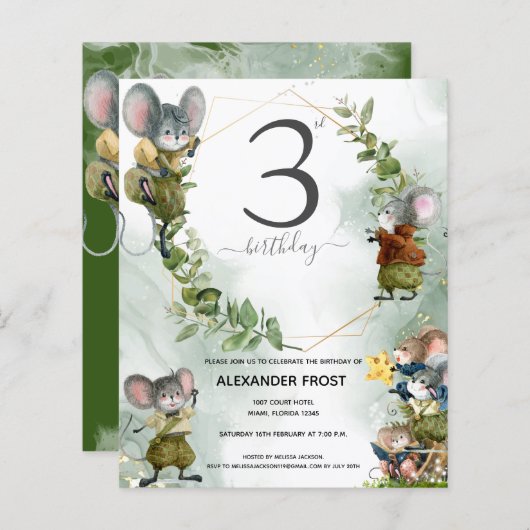 Wild Mice 3rd Birthday Party Invitation (Voorkant / Achterkant)