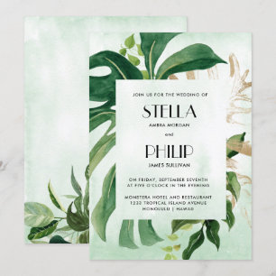 Wild monstera tropical gold leaves bruiloft kaart
