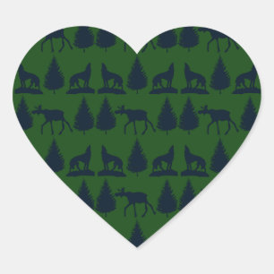 Wild Moose Wolves Pine Trees Rustic Green Navy Hart Sticker