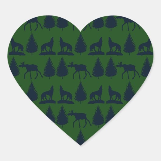 Wild Moose Wolves Pine Trees Rustic Green Navy Hart Sticker (Voorkant)