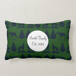 Wild Moose Wolves Pine Trees Rustic Green Navy Kussen