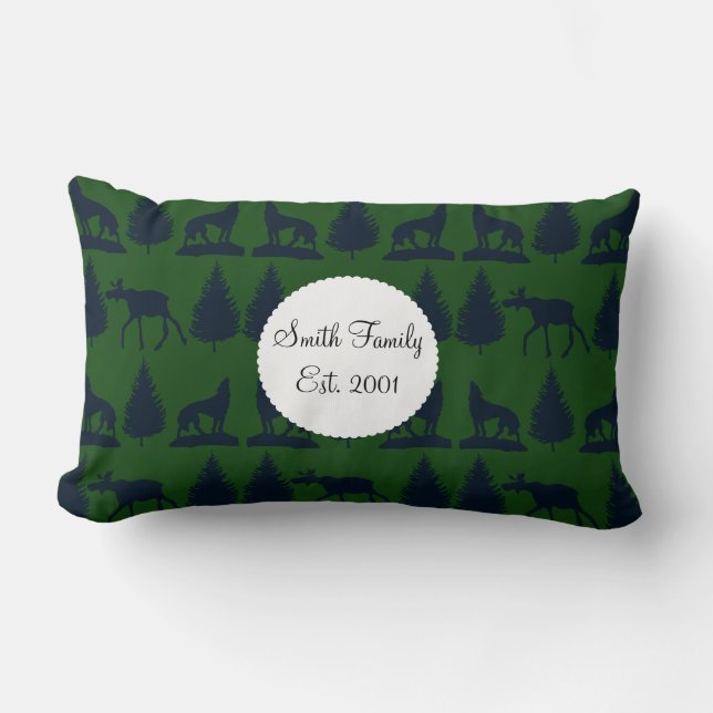 Wild Moose Wolves Pine Trees Rustic Green Navy Kussen (Voorkant)
