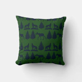 Wild Moose Wolves Pine Trees Rustic Green Navy Kussen