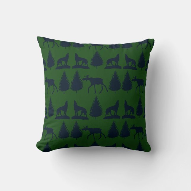Wild Moose Wolves Pine Trees Rustic Green Navy Kussen (Voorkant)