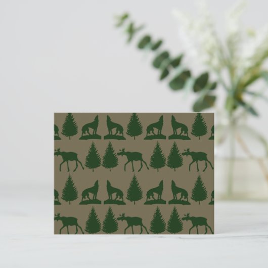 Wild Moose Wolves Pine Trees Rustic Tan Green Briefkaart (Staand voorkant)