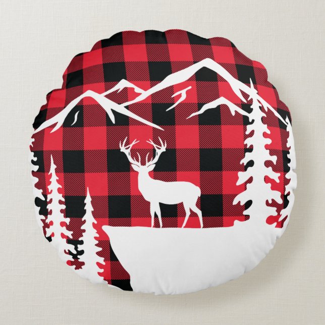 Wild Mountain Scene Buffalo Check Round Pillow Rond Kussen (Voorkant)
