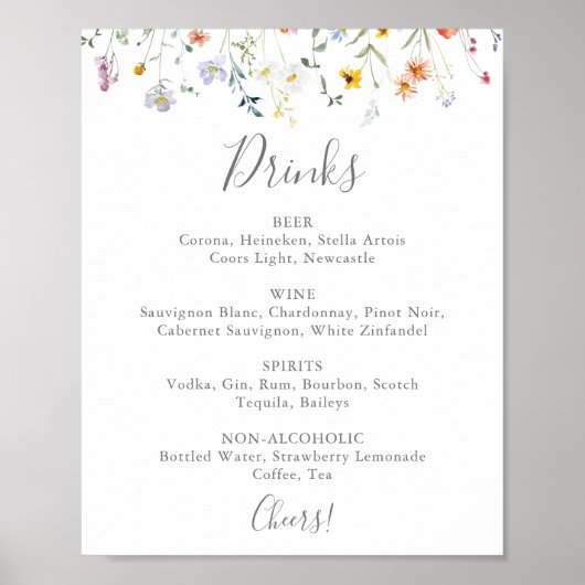 Wild Multicolour Bloemen Bruiloft Drinken Menu Sig Poster (Voorkant)