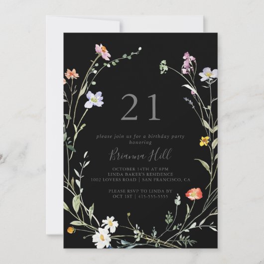 Wild Multicolour Bloemen Zwart 21ste Verjaardagsfe Kaart (Voorkant)