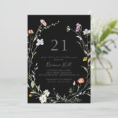 Wild Multicolour Bloemen Zwart 21ste Verjaardagsfe Kaart (Staand voorkant)