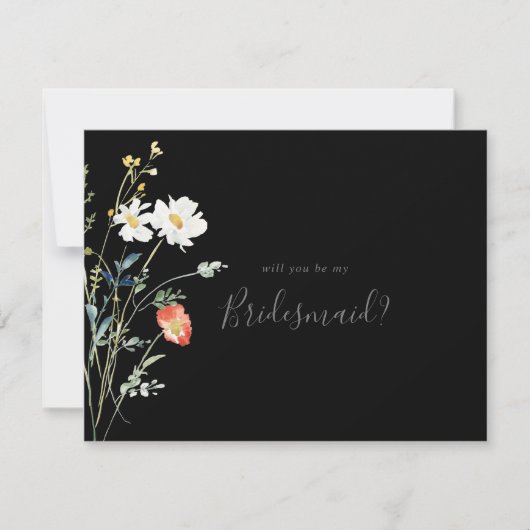 Wild Multicolour Bloemen Zwart Bruidsmeisje Voorst Notitiekaartje (Voorkant)
