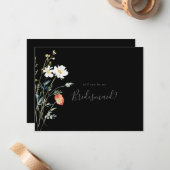 Wild Multicolour Bloemen Zwart Bruidsmeisje Voorst Notitiekaartje (Voorkant / Achterkant in situ)