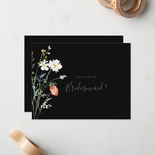 Wild Multicolour Bloemen Zwart Bruidsmeisje Voorst Notitiekaartje (Voorkant / Achterkant in situ)
