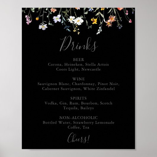 Wild Multicolour Bloemen Zwart Bruiloft Drinken Me Poster (Voorkant)