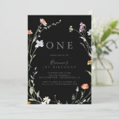 Wild Multicolour Bloemen Zwart Eerste Verjaardagsf Kaart (Staand voorkant)