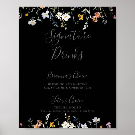 Wild Multicolour Bloemen Zwart Signature Drinken S Poster (Voorkant)