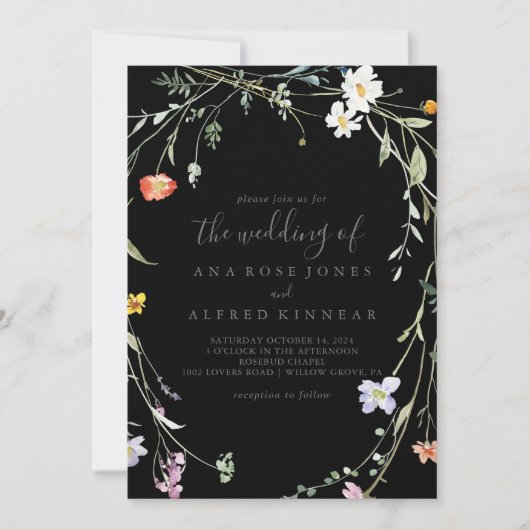 Wild Multicolour bloemzwart De bruiloft van Kaart (Voorkant)