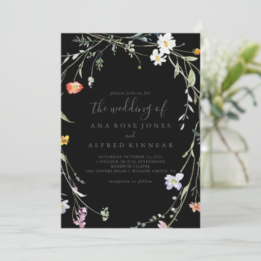 Wild Multicolour bloemzwart De bruiloft van Kaart (Staand voorkant)