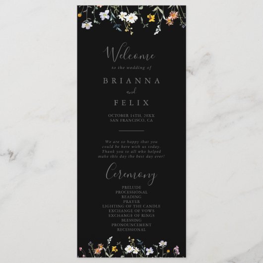 Wild Multicolour Floral Black bruiloft programma Programmakaart (Voorkant)