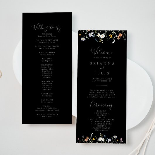 Wild Multicolour Floral Black bruiloft programma Programmakaart