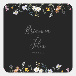 Wild Multicolour Floral Black Wedding Envelope Vierkante Sticker