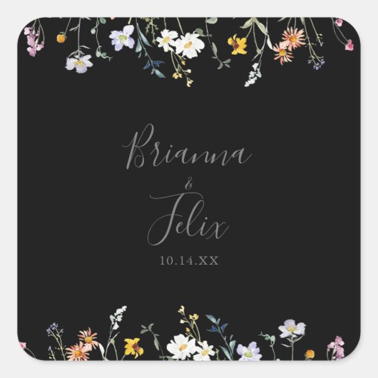 Wild Multicolour Floral Black Wedding Envelope Vierkante Sticker (Voorkant)