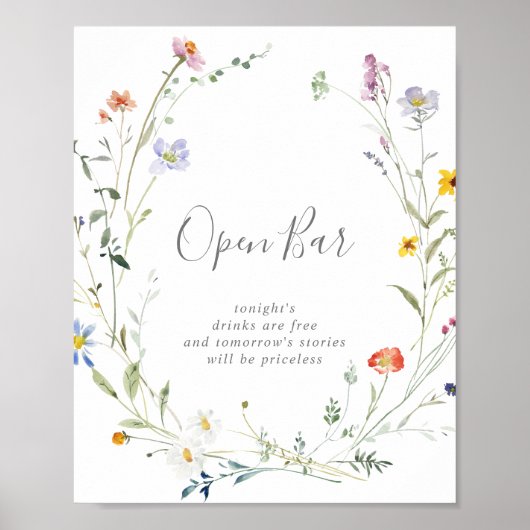 Wild Multicolour Floral Bruiloft Open Bar Sign Poster (Voorkant)