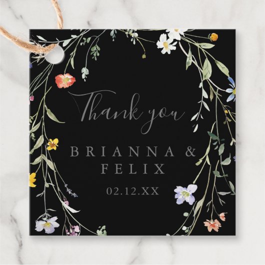 Wild Multicolour Floral Zwart Bruiloft Bedankjes Labels (Voorkant)