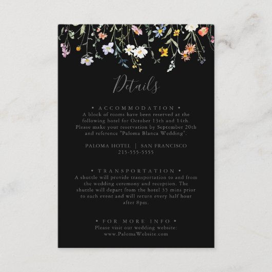 Wild Multicolour Floral Zwart Bruiloft Details Informatiekaartje (Voorkant)