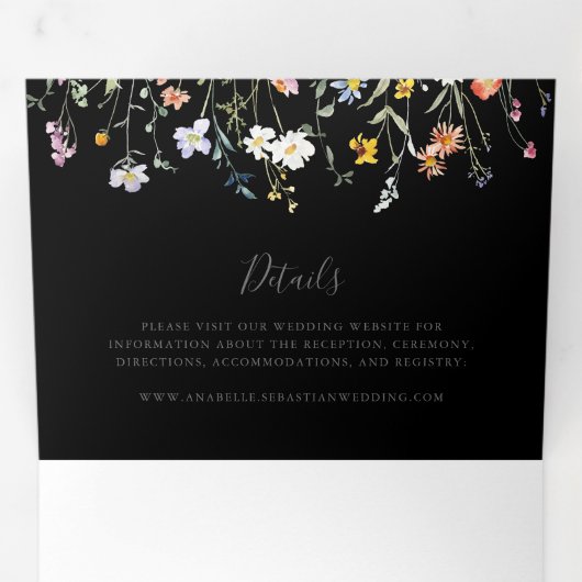 Wild Multicolour Floral Zwart Bruiloft Drieluik Uitnodiging (Binnenzijde eerst)