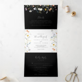 Wild Multicolour Floral Zwart Bruiloft Drieluik Uitnodiging (Binnen)