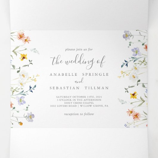 Wild Multicolour Floral Zwart Bruiloft Drieluik Uitnodiging (Binnenkant midden)