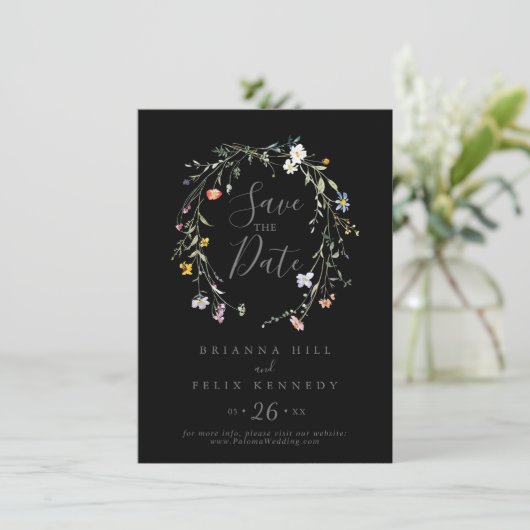 Wild Multicolour Floral Zwart Bruiloft Save The Date (Staand voorkant)